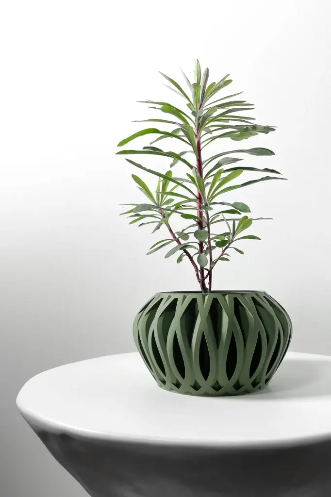 The Serik Planter Pot with Drainage Tray | Modern & Unique Home Decor- 0036 (Army Green, 3" Opening)